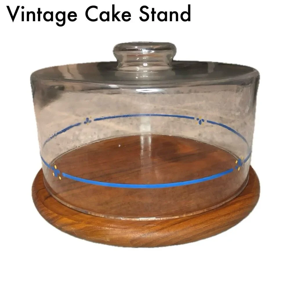 Vintage MCM Goodwood Teak Wood Glass Dome Cheese Tray Floral Cake Plate 1970s